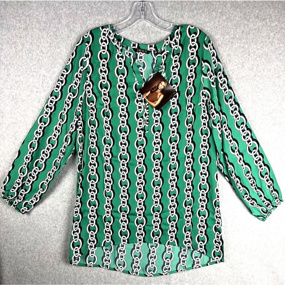 IMAN Tunic Jade GLOBAL CHIC V Neck Chain Link Flowy Blouse Corpcore Twee Office - Picture 2 of 16